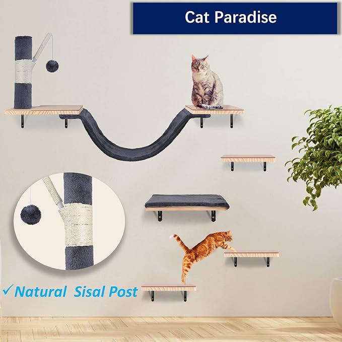 Cat Wall Shelves, Solid Wood Cat Wall Furniture Set, with Cats Bed, Hammock, Felt Ladder, Sisal Scratching Post & Ball (Dark Color)