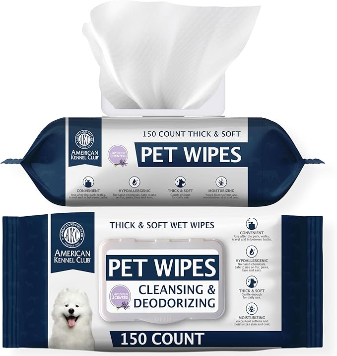 AKC Pet Wipes for Dogs & Cats – Hypoallergenic, Alcohol-Free Wipes for Paws, Face, Ears & Coat – Thick, Gentle Cleaning with Natural Aloe – Available in Lavender, Fresh & Oatmeal Scents