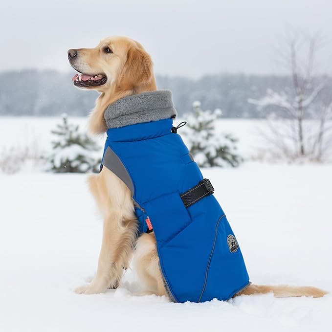 KYEESE Waterproof Dog Coat, Windproof Warm Winter Jacket with Thick Fleece Lined, Cozy Turtleneck Dog Coats for Large Dogs with Leash Hole, Reflective Outdoor Cold Weather Coat, Blue, XXX-Large