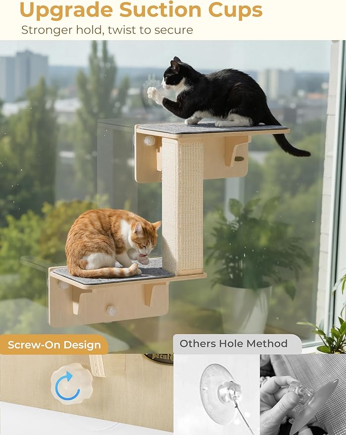 Pecute Double Cat Shelves with Scratching Post for Wall and Window with Solid Wood, Strong Suction Cup, Washable Cover Mat, Cats Perch Bed for Birds Watching Inside Indoor Cat Hammock Bed