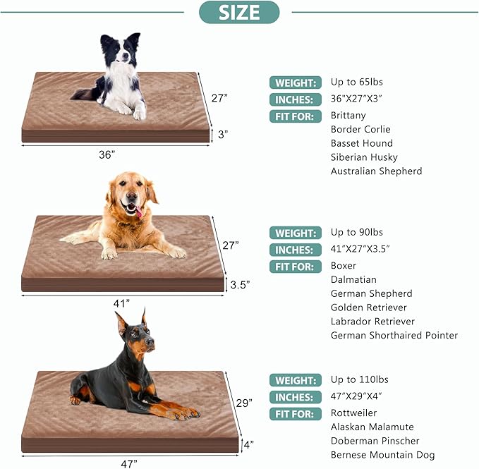 Waterproof XXL Dog Beds Large Sized Dog, Orthopedic Washable Crate Pad 48 inch, Jumbo XXLarge Foam Pet Bed with Removable Cover Reversible, Anti-Slip Kennel Pad, 47"x29", Brown