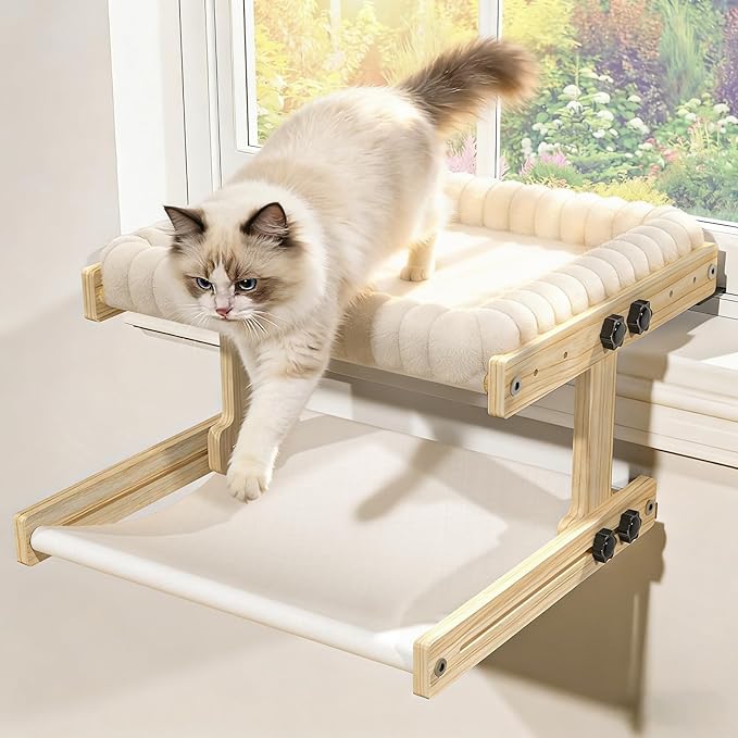 Cat Perch for Window XiaZ Cats Hammock Indoor Cat Bed for Window Wall Shelves Adjustable 50LB Bearing Wooden Frame W/Detachable Washable Cushion Perfect for Bird Watching Sunbathing Double Layer