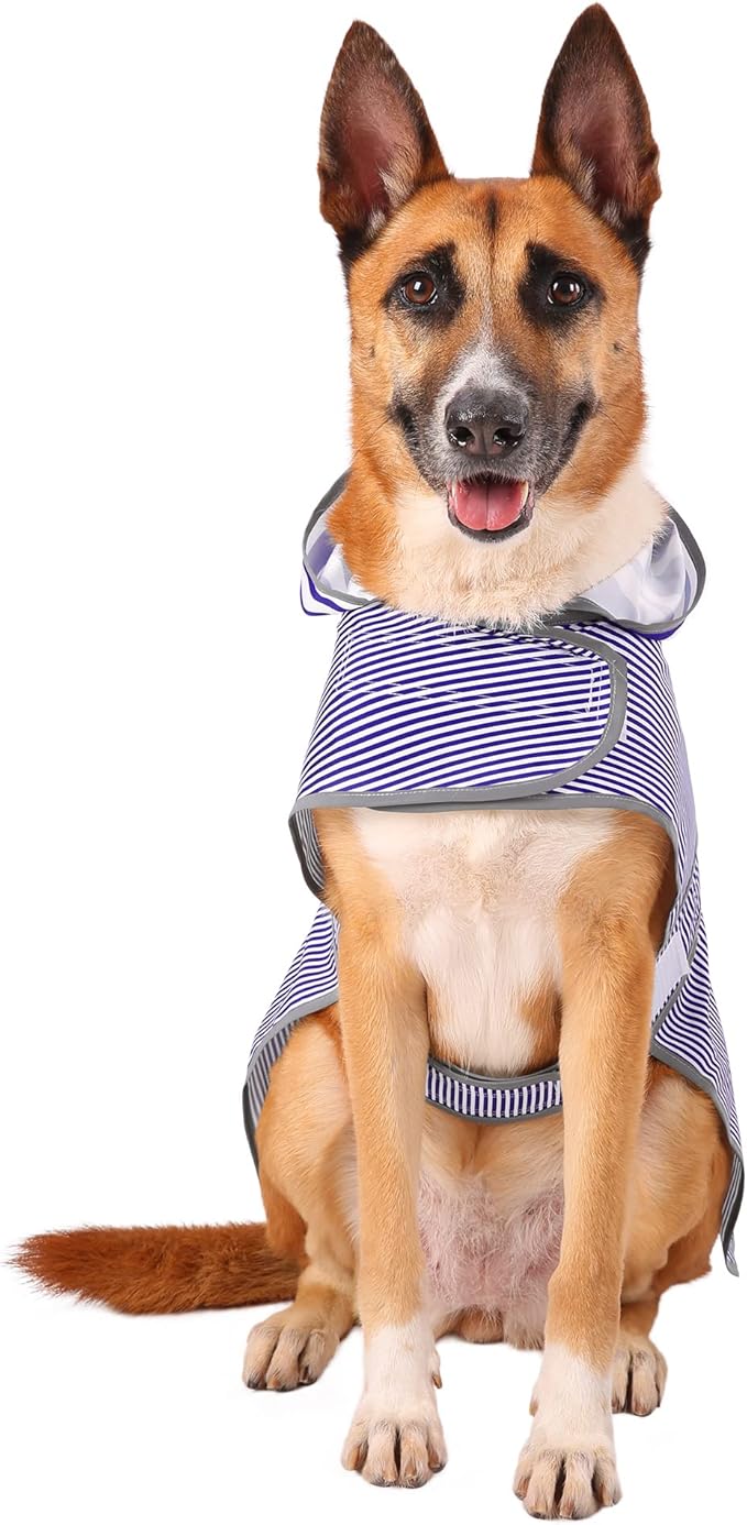 Dog Raincoat for Large Dogs Puppies Waterproof Hooded Rain Jacket with Reflective Strips Leash Hole & Poncho Adjustable Fit (Bluestripe,XXL)