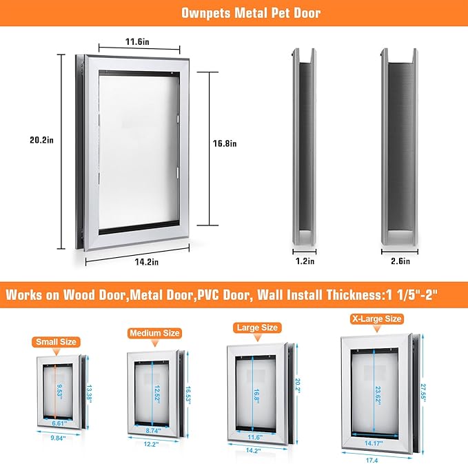 Ownpets Aluminum Large Dog Door, Pet Door with Magnetic Flap and Lockable Sliding Panel, Heavy Duty Doggy Door for Dogs Up to 100lbs(Silver)