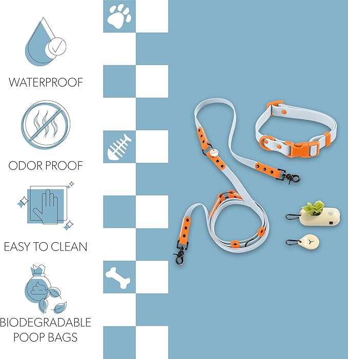 WLK1004D-5SET Luna Small 8FT Adjustable 6-in-1 Waterproof Hands-Free Leash and Collar with LED Flashlight, Bag Dispenser, and Poop Bag Holder, Fishbowl