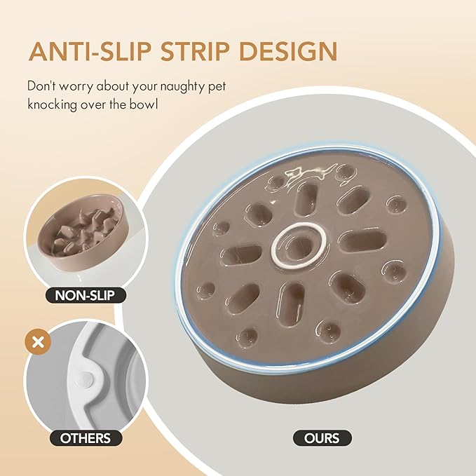 Ceramic 1.2 Cup Dog Raised Slow Feeder Set, Elevated Bowl with Wooden Stand for Medium and Small Dog, 7.3inch Slow Feeder Dish for Fast Easters(Brown Coffee, Single Bowl+ Stand)