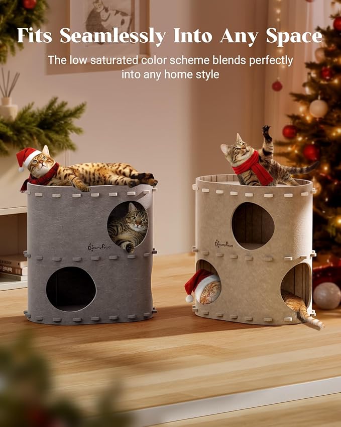 DownyPaws Cat House for Indoor Cats, 2-Storey Foldable Cat Bed Cave, Felt Cats Tunnel Bed Condo, Castle Kitten Cube Hideaway for Multicats, Scratch Resistant, Cream