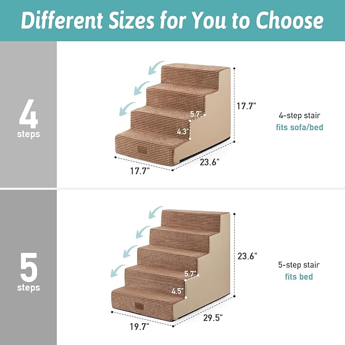 Dog Stairs for Small Dogs, 19.7" Extra Wide Right-Angle Pet Stairs for Couch and Beds, Anti-Slip Dog Steps for Old Cats and Lowrider, 19.7x29.5x23.6 inch, Light Brown