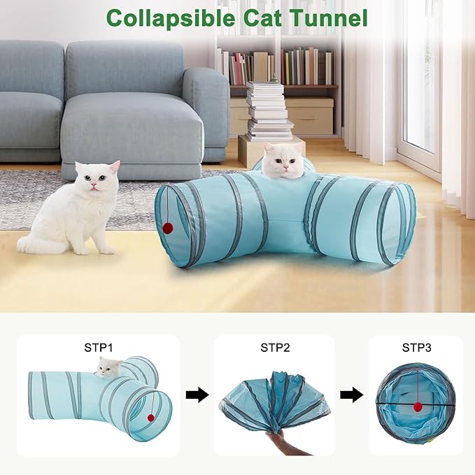 Cat Tunnels for Indoor Cats 3 Way Play Toy Kitty Tunnel Peek Hole Toy with Ball for Cat Tube Fun for Rabbits Kittens and Dogs