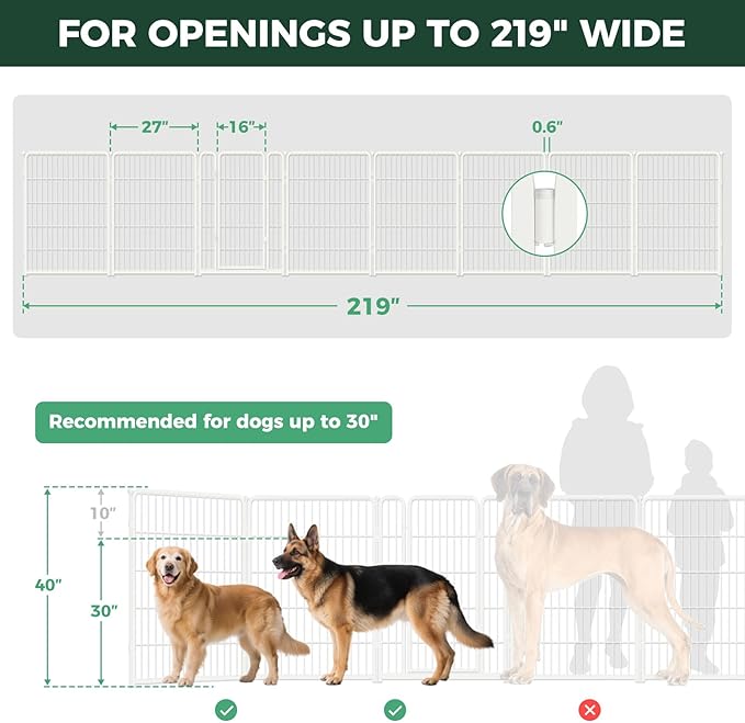 FXW Dog Gate Extra Wide Designed for Indoor Use, Adjustable Width Up to 219-inch Wide (40" H 8 Wire Panels for Medium and Large Dogs), White