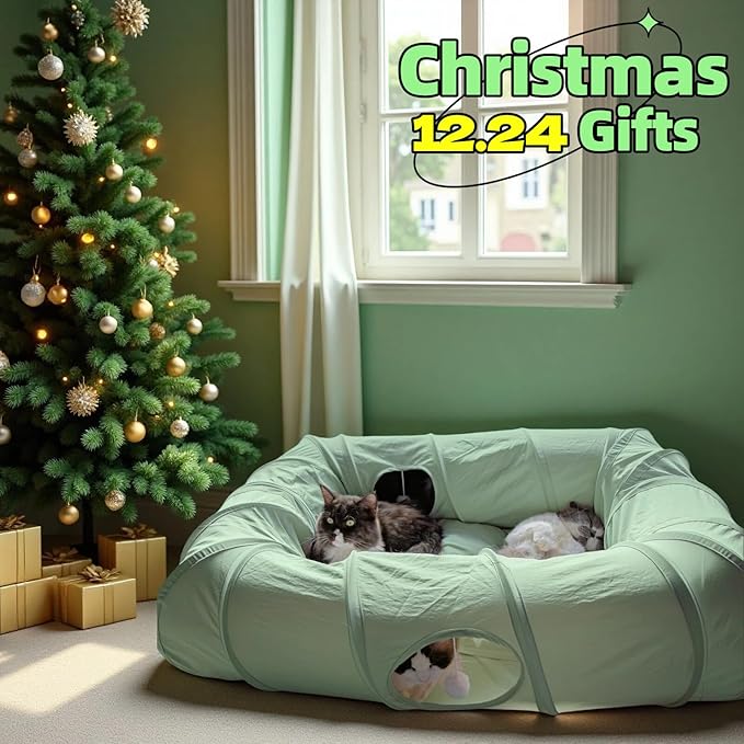 XxingSheep 4 Ways Shuttled XL Cat Tunnel Bed for Indoor Cats Peekaboo Cat Cave Donut with Cool Mat (Green)