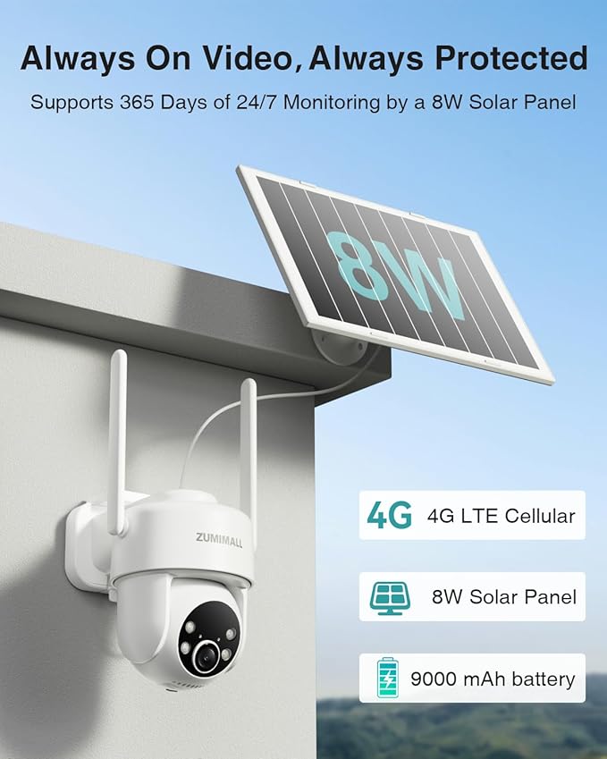 ZUMIMALL 24/7 Recording 4G LTE Cellular Security Camera, No WiFi AOV Solar Camera Outdoor, AI Detection, Motion Tracking, 2K Full-Color Night Vision, 8W Solar Panel, PTZ, Built-in SIM Card