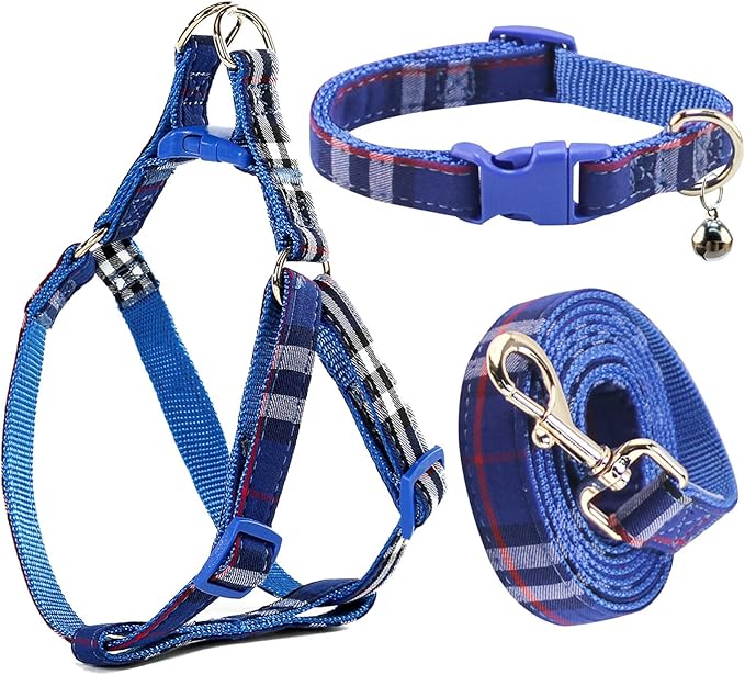 Cute Plaid Dog Collar Harness and Leash with Safety Buckle - Adjustable and No Pull Comfortable Dog Collars for Small Puppy, Stylish Durable Gift for Boy Girl Pets