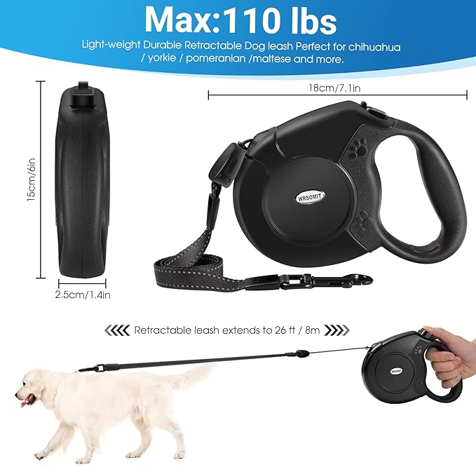 Retractable Dog Leash, 26 Ft Heavy Duty Pet Walking Leash for Small Medium Large Dogs up to 99lbs, Anti-Slip Handle, 360 ° No Tangle, Nylon Tape, One-Handed Brake
