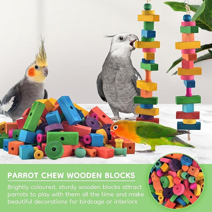 Bird Toys for Parrot, 165 Pcs Colorful Multi-Shaped DIY Wooden Blocks Craft, Birds Cage Chewing Playing Training Toy for Cockatoos, Macaws, African Grey and Small Medium Parrots