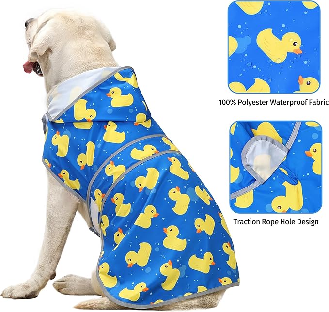 Dog Raincoats for Large Dogs Waterproof Hooded Rain Jacket with Reflective Strips Leash Hole & Poncho Adjustable Fit (ShinyDuck,XXL)