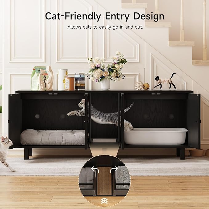 ONBRILL 63 Inches Cat Litter Box Enclosure for 2 Cats, Hidden Litter Boxes Furniture with Cat Scratch Pad, Large Indoor Pet House with Double Room, Wooden TV Stand Side Table, Black