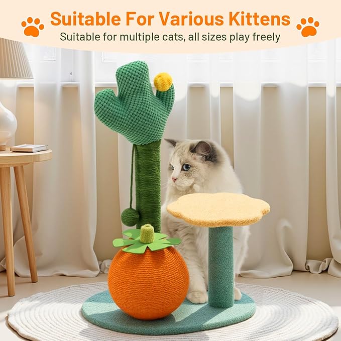 Sisal Scratching Post for Cat Kitten Small Cat Scratcher with Sugar Ball，Interactive Toy,Hanging Ball,Wooden 2 Level Track