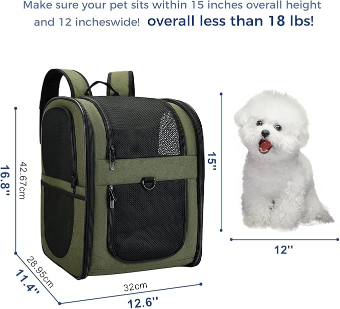 Apollo Walker Dog & Cat Carrier Backpack for 4-18lb Pets - Ventilated Safe Design with Padded Back Support, Breathable Mesh Pet Backpack for Hiking, Travel, Outdoor (Green)