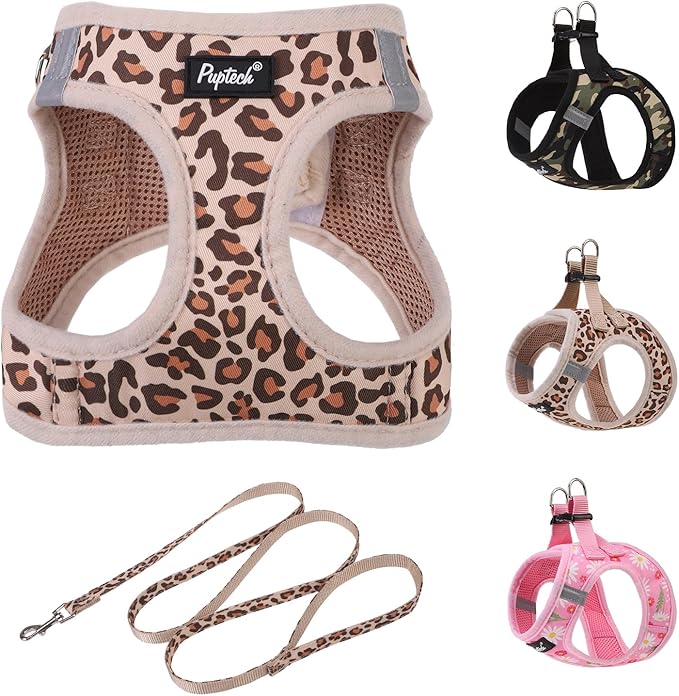 PUPTECK Dog Harness and Leash Set for Small Medium Dogs No Pull Step-in Soft Mesh Puppy Cat Vest Harnesses Reflective at Night, Brown Leopard Print, S