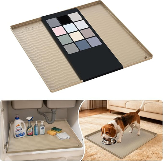 URMONA Waterproof Silicone Under Sink Mat 22'' x 22'' Shelf Liner for Kitchen and Bathroom, Cabinet and Counter Protector, Storage and Organizers, Litter Mat, Pet Cat Puppy Essentials(Khaki)