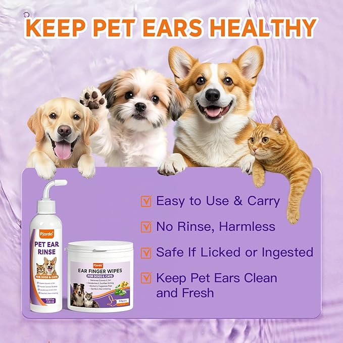 Dog Ear Cleaner Kit - Dog Ear Finger Wipes and Ear Cleaner Solution for Dogs and Cats, Gently Remove Ear Wax & Debris, Soothe Ear Itching, Deodorize, Pet Ear Wash with Aloe Vera & Witch Hazel