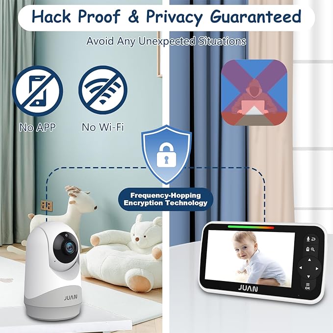 JUAN Baby Monitor with Camera and Audio, 5" LCD Screen, No WiFi 100% Private, 3500mAh Long Battery, 1000ft Range Connection, Remote Pan-Tilt-Zoom, Crystal Night Vision, 2-Way Talk for Newborn Infant