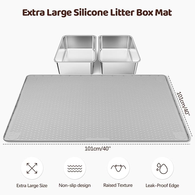 Cat Litter Mat, XL Extra Large 40" x 40" Silicone Mat Litter Trapping Mat for Scatter Control, Soft on Kitty Paws, Easy to Clean (Light Grey)