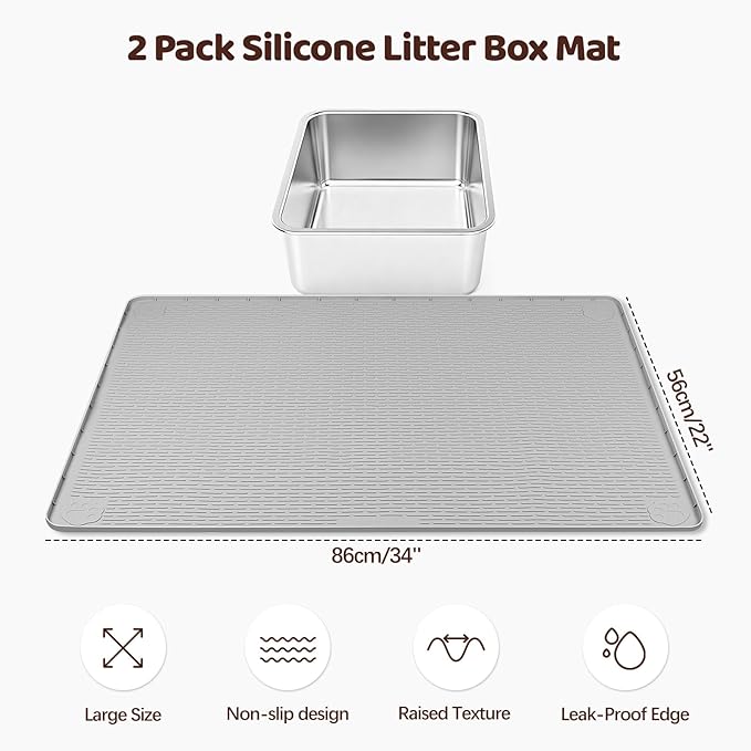 Cat Litter Mat, 2 Pack Large 34" x 22" Silicone Mat Litter Trapping Mat for Scatter Control, Soft on Kitty Paws, Easy to Clean (Light Grey)