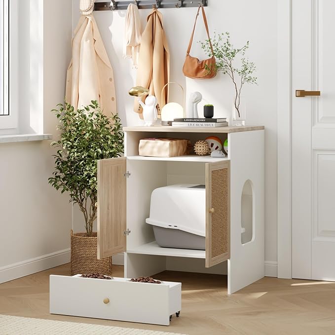 Cat Litter Box Enclosure Furniture, Indoor Wooden Cat Hidden Litter Box Furniture Cabinet with Scratching Board Doors and Feeder Bowls, 23"x17"x32"H