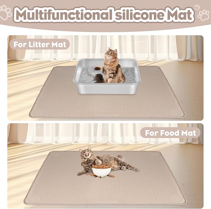 Cat Litter Mat, Extra Large 40" x 28" Silicone Mat Litter Trapping Mat for Scatter Control, Soft on Kitty Paws, Easy to Clean (Khaki)