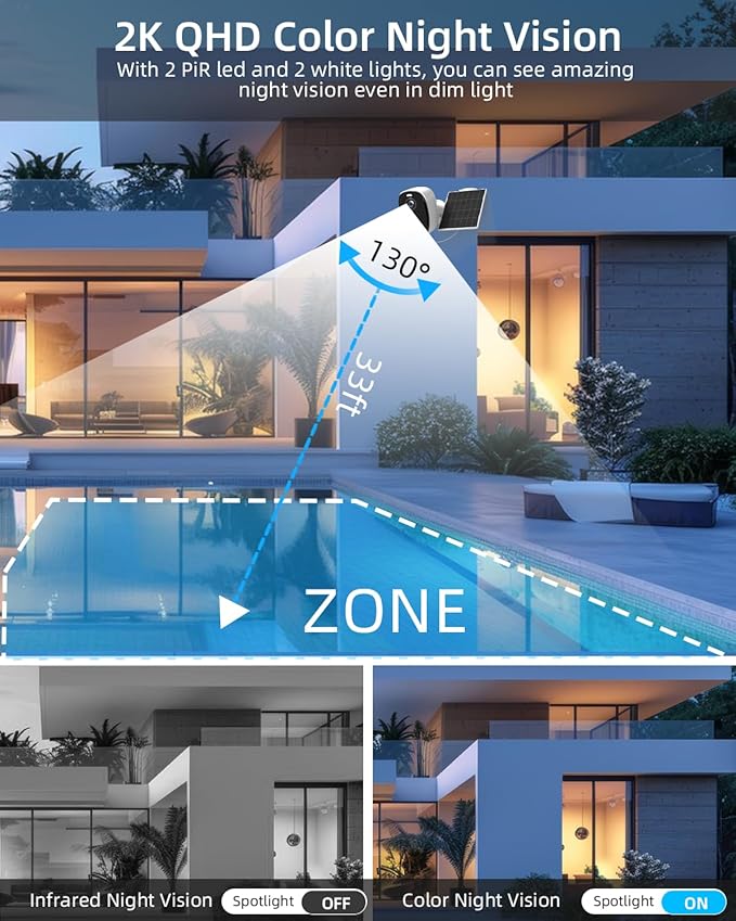 2.4&5ghz WiFi Solar Security Cameras Wireless Outdoor,2K QHD Home Security System, Solar Cameras Kit with 130° Ultra-Wide View, 2-Way Talk, IP65,Color Night Vision, Spotlight & Siren (1, White)