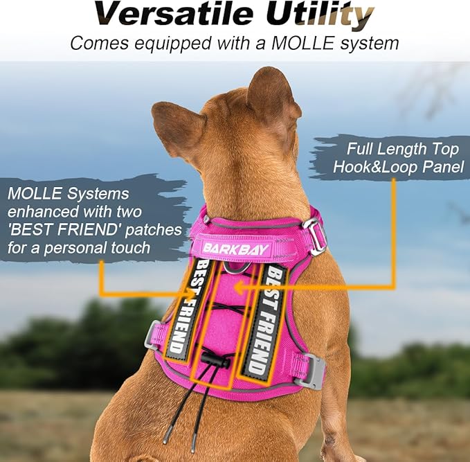 BARKBAY Service Dog Vest Tactical Dog Harness Medium Large Sized Dog Tags Personalized No Pull Adjustable Harness Reflective K9 Working Training Easy Control Military Molle System(Pink,S)