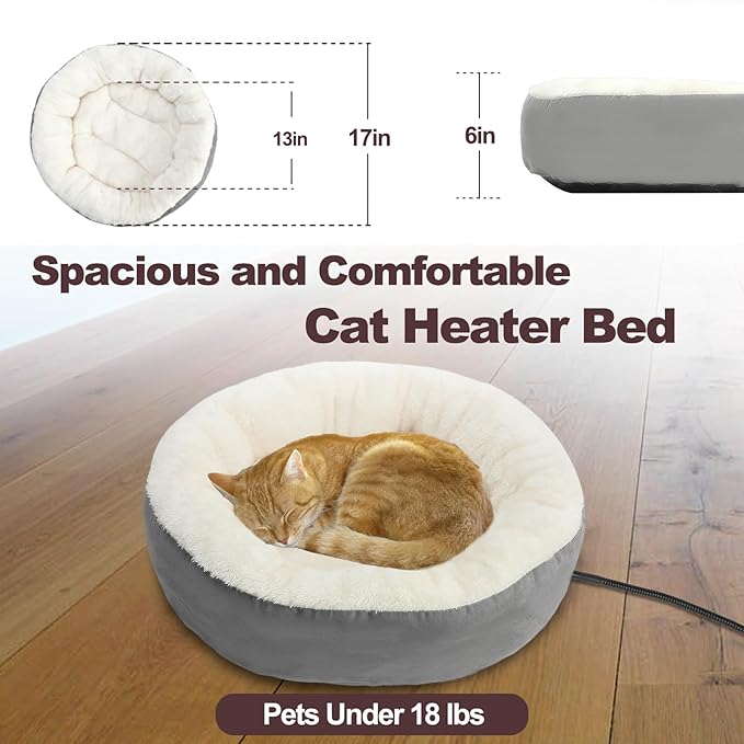 Rypet Heated Cat Bed Indoor, Soft & Cozy Donut Heated Pet Bed with Timer and Timer, Adjustable Temperature Heated Dog Beds for Small Dogs and Senior Cats with Chew Resistant Cord