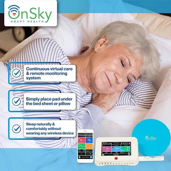 SkyPad FDA-Cleared Contact-Free Heart & Breathing & Sleep Apnea & Seizure Monitor, Adult & Children Home Health Care - Senior & Nursing Home - Remotely Monitor Wellness via app - Emergency Alert Call