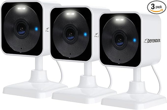 Defender GO 2K AI Powered WiFi Indoor/Outdoor Home, Business, Pet, Baby Security Camera, AI Detection, Dual Band, Spotlight/Siren, Color Night Vision, 2-Way Talk, Works with ClearVu App, 3 Pack