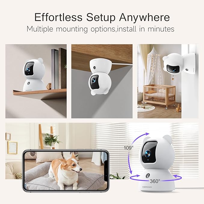 2.5K Pet/Dog Camera with Speaker/Phone App, No-Monthly-Fee AI Person/Pet/Cry Detection Security Camera Indoor, PTZ 2.4GHz WiFi Baby Monitor Cameras for Home Security, Night Vision, 2-Way Talk