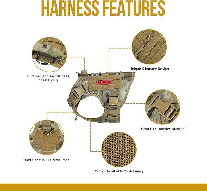 Tactical Dog Harness Vest with Handle, Military Dog Harness for Large Medium Dogs,No-Pull Service Dog Vest with Hook & Loop Panels,Adjustable Dog Vest Harness for Walking Hiking Training（Camo）