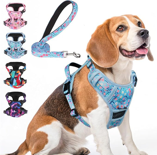 BEAUTYZOO No Pull Dog Harness and Leash Set with 2 Metal Leash Clips - Overhead-Free 3 Snap Buckles Design, Adjustable No-Choke Soft Padded Reflective Oxford Pet Vest for Small Medium Large Dogs, M