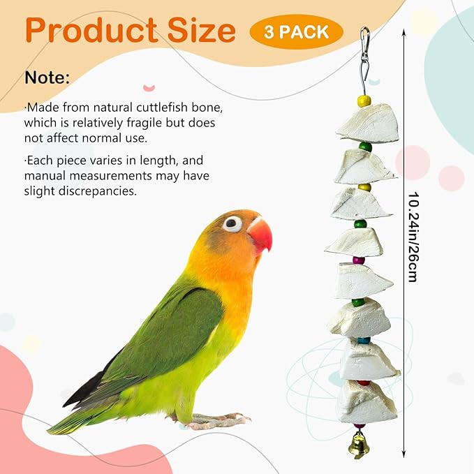 3 Pack Bird Chewing Toy Cuttlebone Parrot Toy with Bell Hanging Bird Beak Grinding Stone Parakeet Cage Accessories for Small & Medium Budgies Lovebirds Cockatiels (Block, 8 Per Skewer)