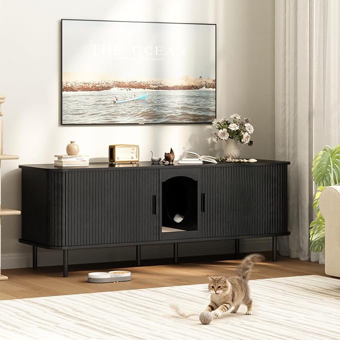 Double Cat Litter Box Enclosure Furniture, 59" Large Hidden Litter Box Furniture with Scratching Pad, Wood Pet House for 2 Cats, Indoor Modern Cabinet TV Stand for Living Room, Black