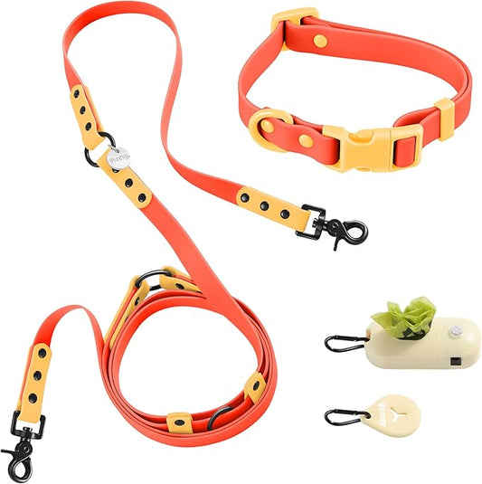 WLK1004A-5SET Luna Small 8FT Adjustable 6-in-1 Waterproof Hands-Free Leash and Collar with LED Flashlight, Bag Dispenser, and Poop Bag Holder, Aperol