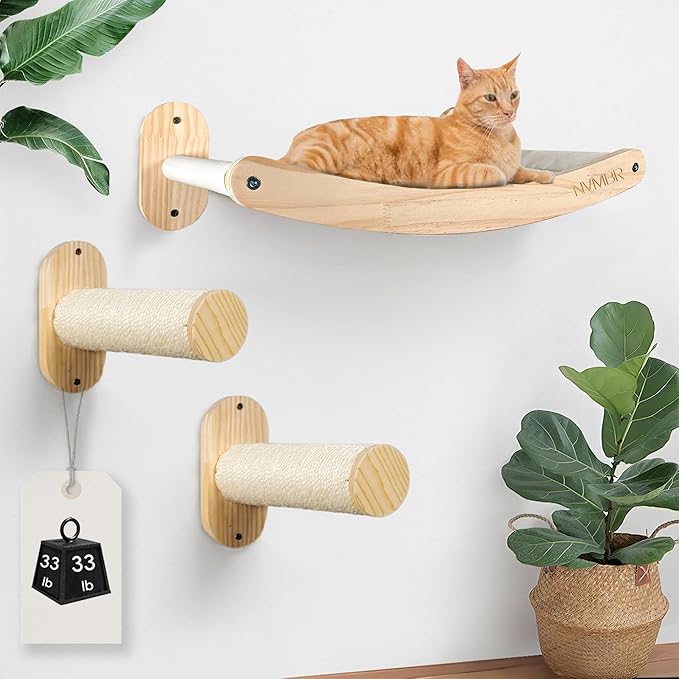 NVMBR Cat Wall Furniture Lounge with Sisal Stairs Set, 16 inch Stud Design, Easy Install Mounts, Holds up to 33 lbs Climber Indoor Perches for Walls, Shelf Hammock with Saftety Bar