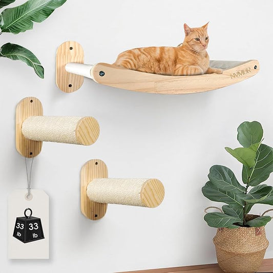NVMBR Cat Wall Furniture Lounge with Sisal Stairs Set, 16 inch Stud Design, Easy Install Mounts, Holds up to 33 lbs Climber Indoor Perches for Walls, Shelf Hammock with Saftety Bar
