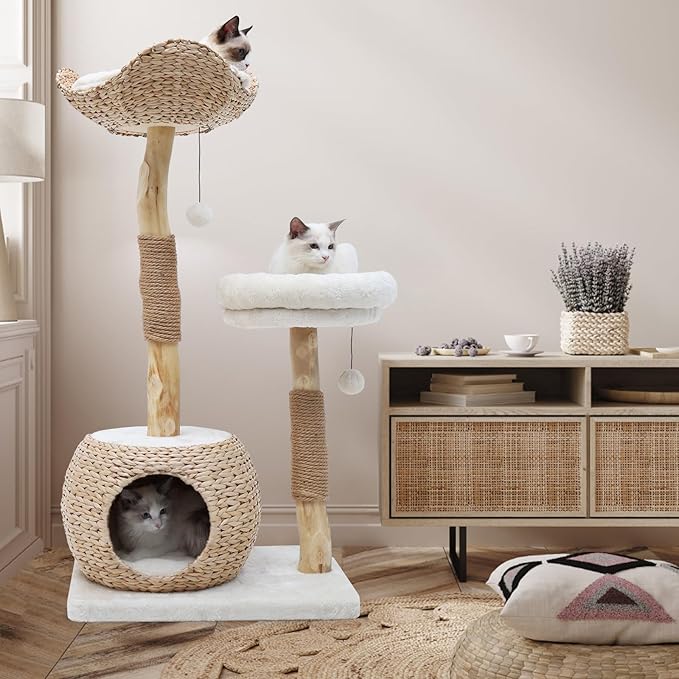 Cat Tree Tower for Indoor Cats, Modern Real Wood Cat Condo with Scratching Post, Jumping Platforms, Hanging Toy Ball for Multi-Cat Households