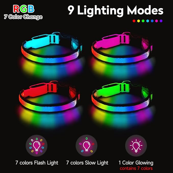 LED Dog Collar, Light Up Dog Collar USB Rechargeable, Nylon Adjustable Comfortable Soft Bright RGB 7 Colors Changeing Safety Light Glowing Collar for Medium and Large Dogs(Large,Pink)
