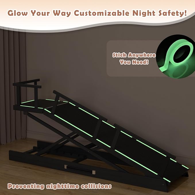 65" Foldable Dog Ramp for Bed, 6 Level（13"-32"） Heavy Duty Adjustable Dog Ramp for Car Pet Ramp with EVA Non-Slip Surface, Rest Platform & Glow Strips for Large Dogs up to 200Lbs (Black)
