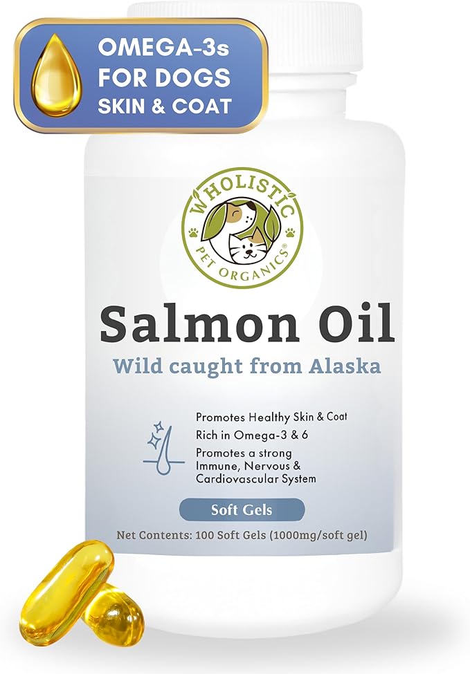 Wholistic Pet Organics Wild Alaskan Salmon Oil for Dogs - 100 Soft Gels - Rich Omega 3 Fish Oil with EPA & DHA for Skin, Coat, Joint, and Heart Health - Natural Dog Skin & Coat Care
