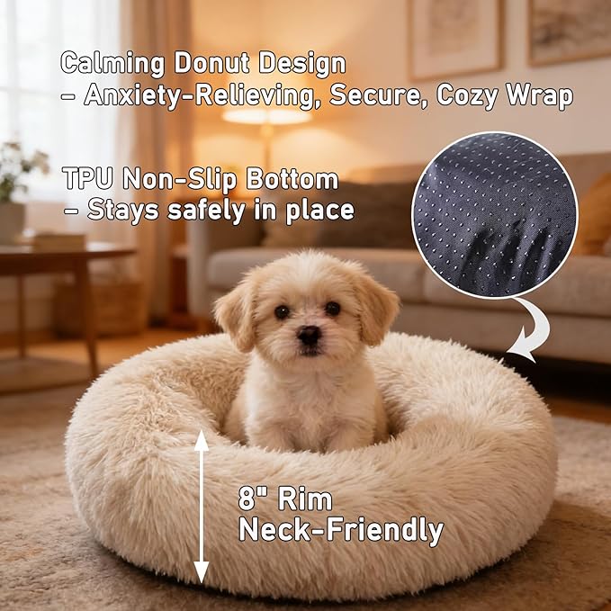 Calming Donut Dog Beds for Small Dogs Kitten - Washable Removable Cover Non-Slip Bottom, Round Pet Bed Puppy Bed Warming Fluffy Faux Fur Anti-Anxiety, Fits up to 15 lbs (Beige, 20")