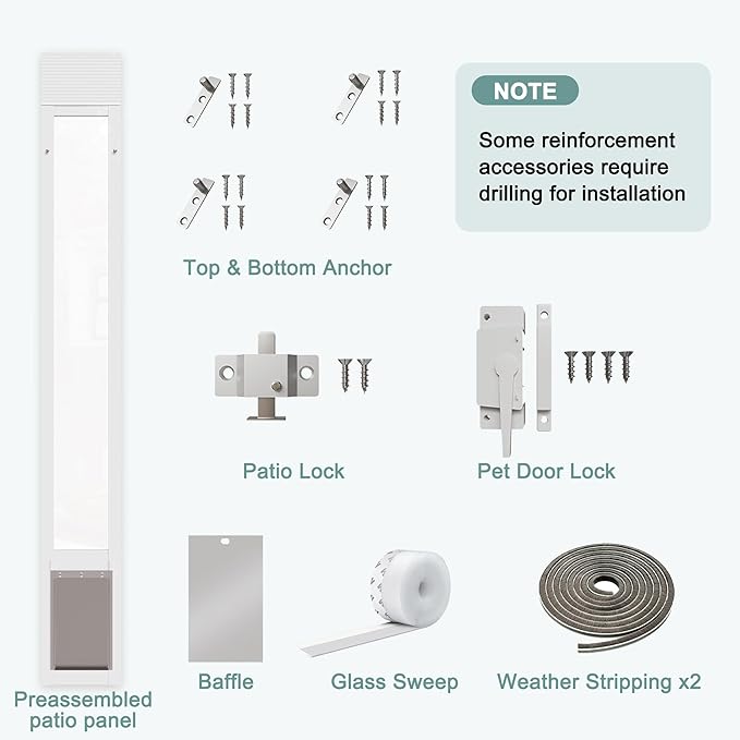 Dog Door for Sliding Glass Doors, Adjustable Height 76 1/8"-80 7/8" Aluminum Frame Tempered Sliding Door Dog Doors Insert with Lock, 7" x 11" Flap Size for Medium Dogs